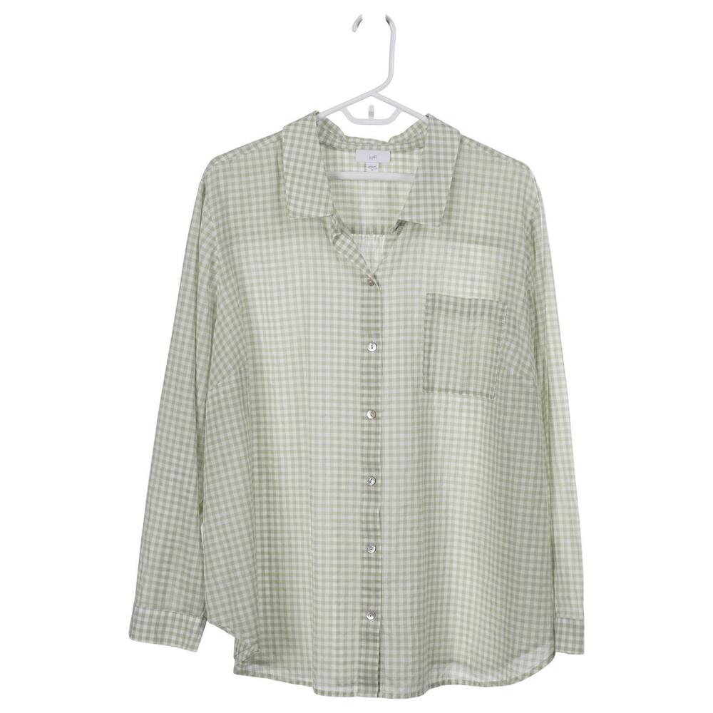 J. Jill Shirt 2X Green Cotton Gingham Check Button-Up Lightweight Long Sleeve